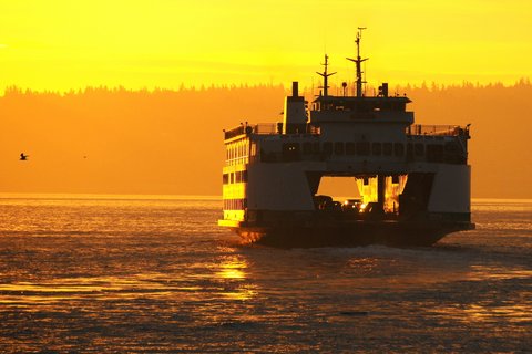 Clinton-Mukilteo Ferry, Whidbey Island, Sunrise, Yellow, Boat, Silhouette